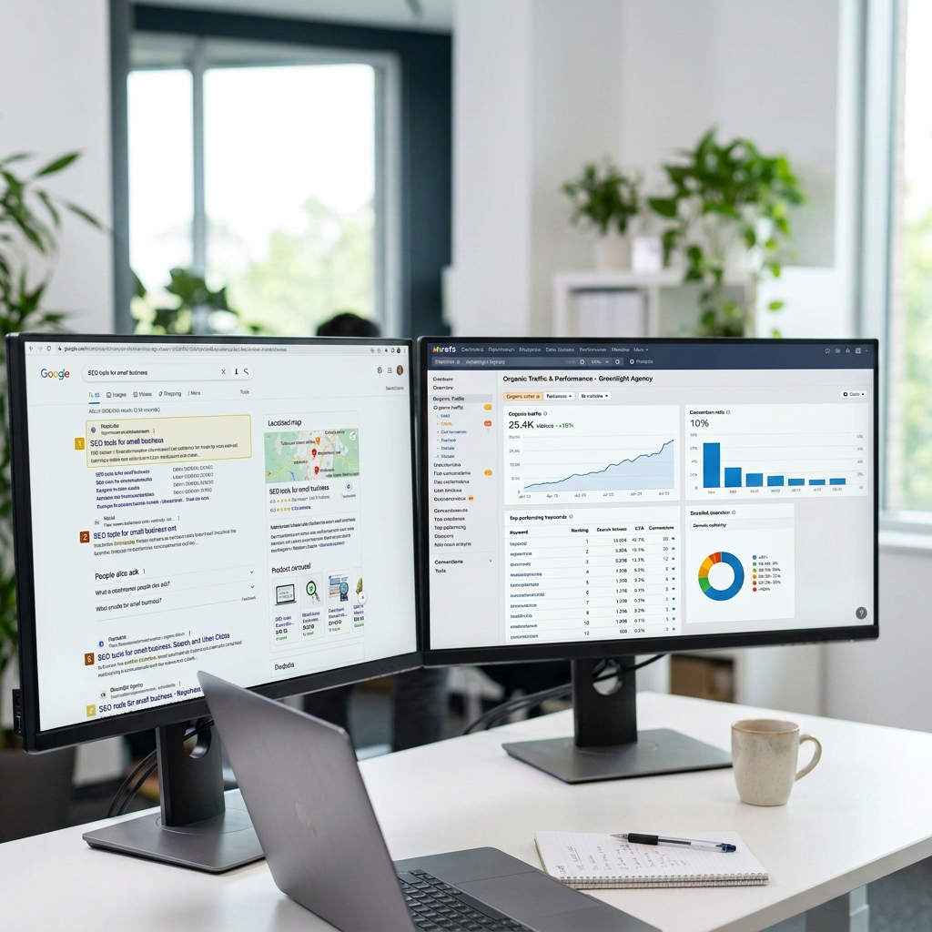 Person working at desk with dual monitors displaying SEO and traffic performance data