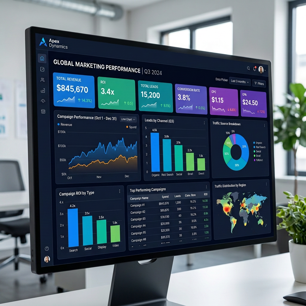 Digital dashboard showing global marketing performance metrics